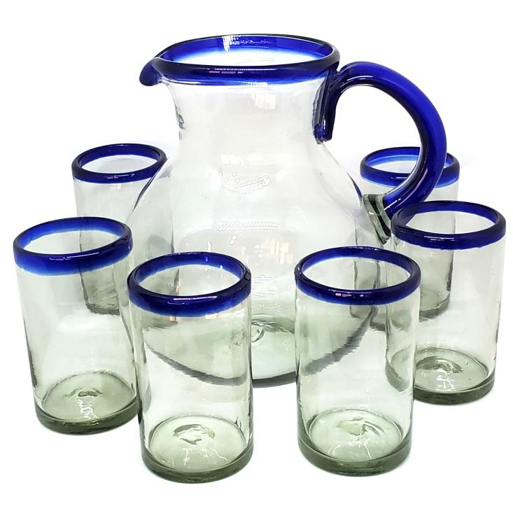 Cobalt Blue Rim Glassware / Cobalt Blue Rim 120 oz Pitcher and 6 Drinking Glasses set / Bordered in beautiful cobalt blue, this classic pitcher and glasses set will bring a colorful touch to your table.